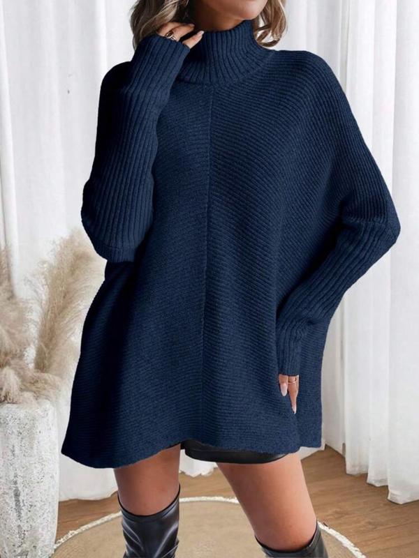 Women's Solid Color High Neck Sweater Dress, Casual Long Sleeve Jumper Short Dress for Fall & Winter, Women's Knitwear for Daily Wear Turtleneck