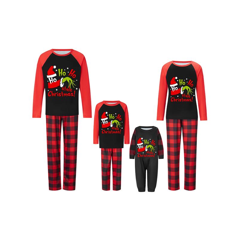 Family Matching Christmas Pajamas, Baby Romper Dog Clothes Letter Green Monster Hand Print Tops and Plaid Pants Sleepwear Set