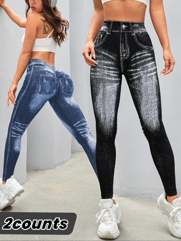 Women's Denim-effect Print High Waist Sports Leggings, Gym Clothing, Fall Outfits, Casual Sporty Comfy Breathable Skinny Pants for Yoga Gym Workout Running, Ladies Sportswear for Fall, Fall Outfits 2024, Fallfreshness, Leggings for Women, Gym Clothes