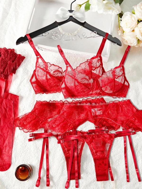 Women's Floral Embroidery Contrast Lace Lingerie Set, Sexy Ruffle Trim Bra & Thong & Garter Belt & Stockings Set, Lingerie Set for Women