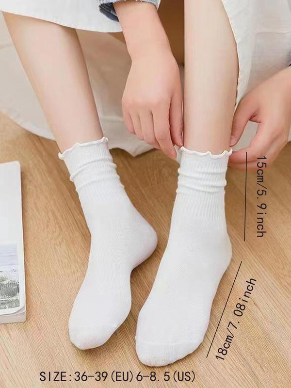 Women's Solid Lettuce Trim Crew Socks, Casual Comfy Breathable Mid-calf Socks for Daily Wear, Multipack Knit Socks for All Seasons