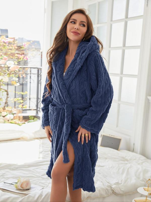 Women's Solid Color Belted Hooded Lounge Robe, Casual Long Sleeve Pocket Design Bathrobe, Ladies Sleepwear for Winter, Fall Wear, Fallfreshness, Robe for Women