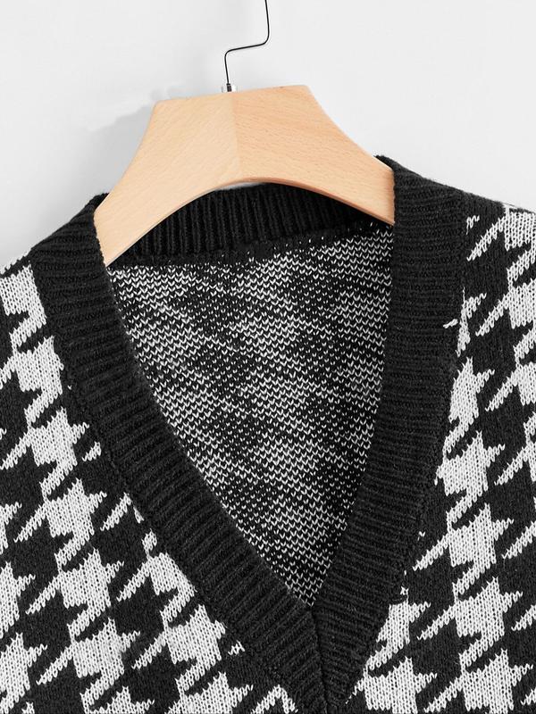 Women's Houndstooth Print V Neck Sweater Vest, Casual Sleeveless Knit Top for Fall & Winter, Women's Knitwear for Daily Wear