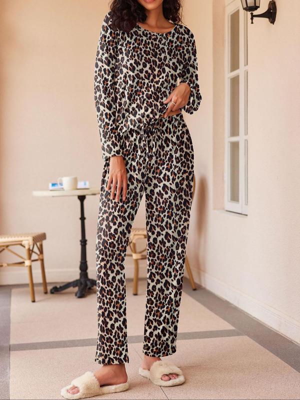 Women's Solid Color   All Over Print Long Sleeve Tee & Pants Loungewear Set, Casual Comfy Round Neck Top & Trousers Pj Set, Ladies Sleepwear for Spring & Fall