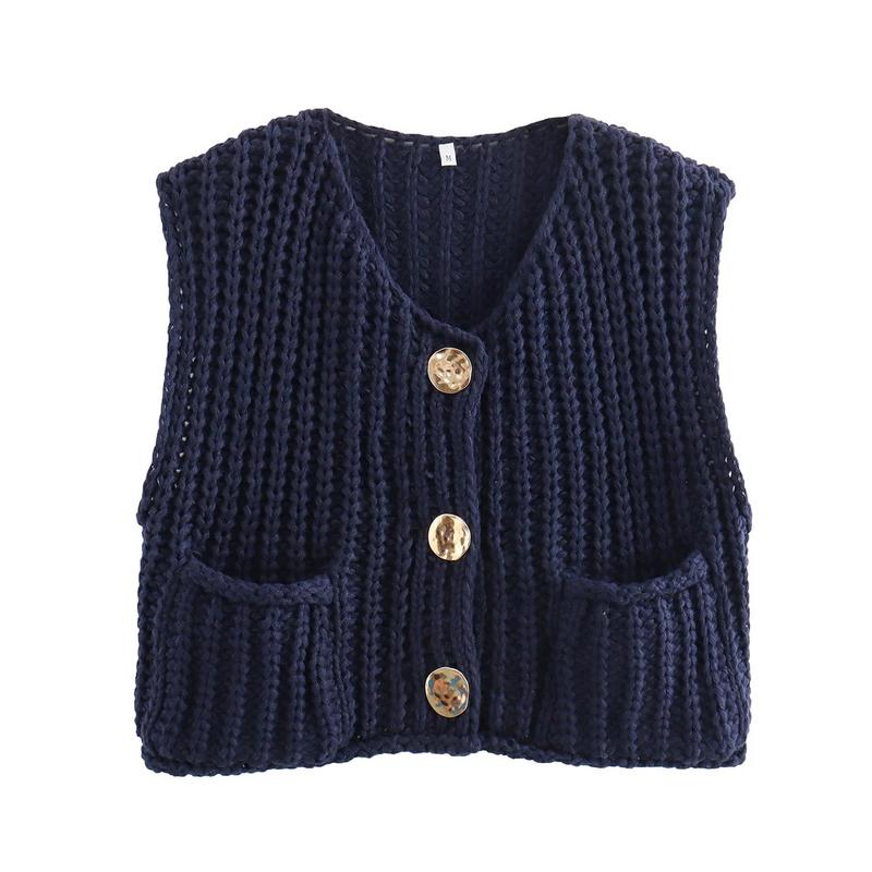 2024 New Women's European and American Style Pocket Sleeveless Short Knitted Cardigan Vest Shirt