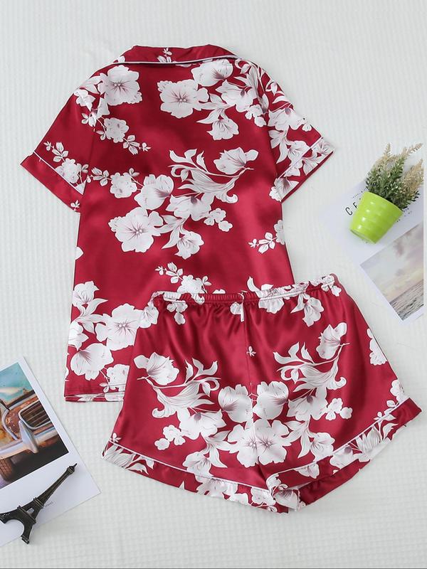 Two-Piece Set Women's Floral Print Pocket Soft Satin Pyjama Set, Summer Clothes Women, Casual Button Front Top & Elastic Waist Shorts, Women's Sleepwear for Summer