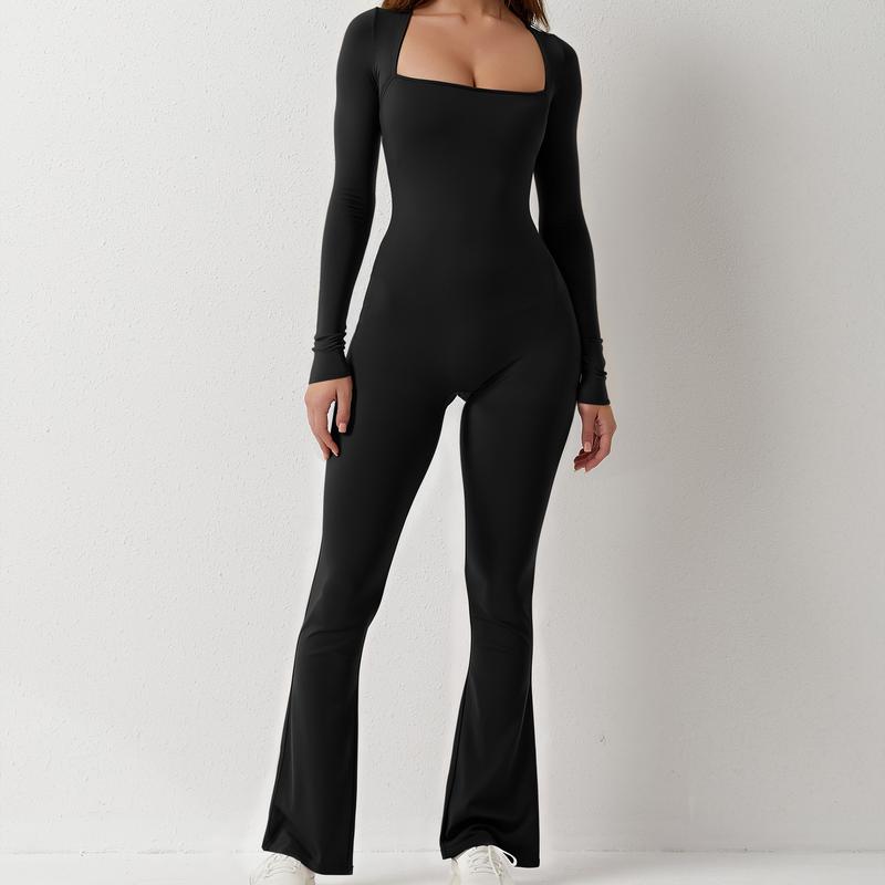 QINSEN Long Sleeve Jumpsuits for Women Square Neck Wide Leg Full Length Romper Playsuit Womenswear Overalls  Tall individuals should purchase with caution\\