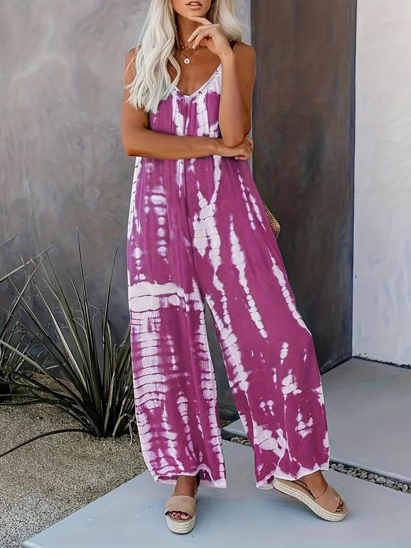 Women's Tie Dye Leopard Print Pocket Backless Cami Jumpsuit, Casual Adjustable Strap Ruched Wide Leg Jumpsuit, Spaghetti Strap One-Piece Outfits, Ladies Summer Clothes for Beach Vacation Back To School