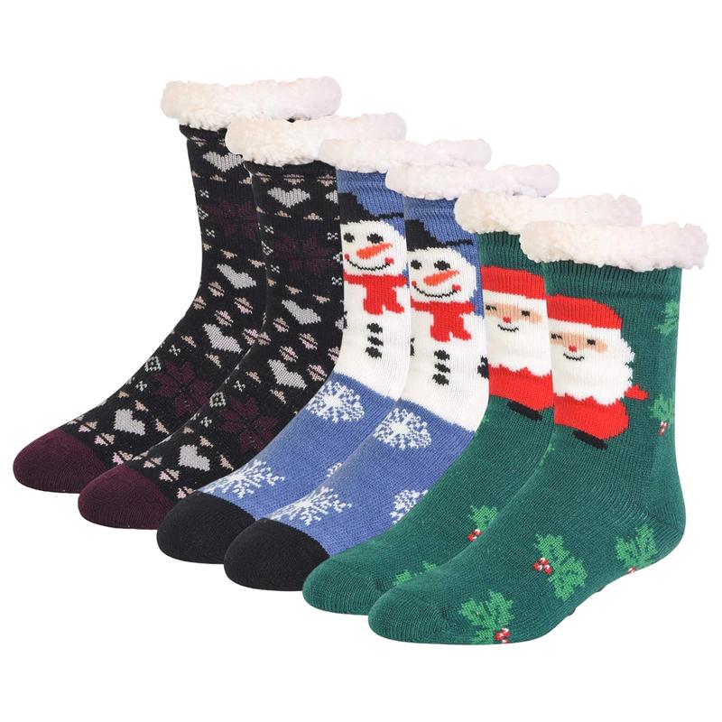 3 Pairs Fuzzy Non Slip Slipper Socks with Grippers Christmas Gifts Fleece Lined Warm Lining Xmas Party Fluffy Non Skid Ripple Sleeping Socks Winter