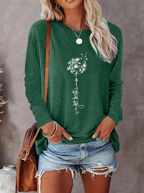 Women's Floral & Letter Print Crew Neck Tee, T Shirts for Women, Fashion Casual Long Sleeve T-shirt for Daily Outdoor Wear for Fall, Ladies Clothes for Spring & Fall, Back To School Outfit, Fall Outfits, Fallfreshness, Fall Gift