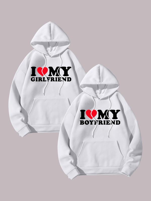 Couple's Heart & Letter Print Drop Shoulder Hoodie, Casual Drawstring Pocket Hooded Sweatshirt, 2024 Trendy Couple Clothing for Fall & Winter