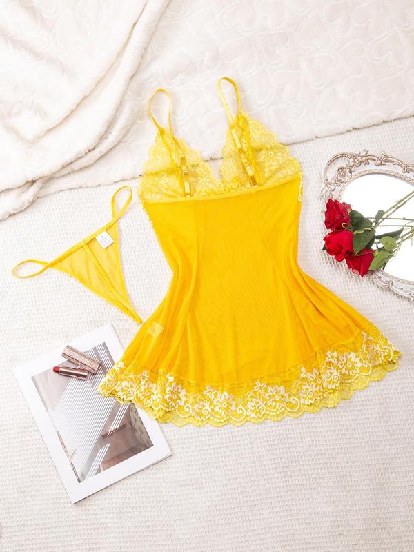 Women's 2pcs Floral Lace Backless Cami Nightdress & Thong Set, Sexy Adjustable Strap Bow Front Nightgown & Panty Two-Piece Set, Ladies Summer Clothes