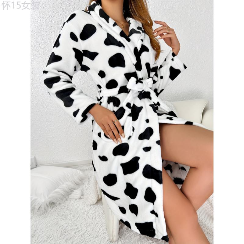 Women's Cozy Cow Print Thickened Long Sleeve Fleece Robe, Warm Bathrobe for Fall & Winter, Ladies Homewear Sleepwear Collar Fabric