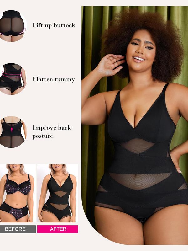 Plus Size Contrast Mesh Sheer Shapewear Bodysuit, Adjustable Strap High Stretch Shaper, Tummy Control Butt Lifter, Women's Shapewear for All Seasons