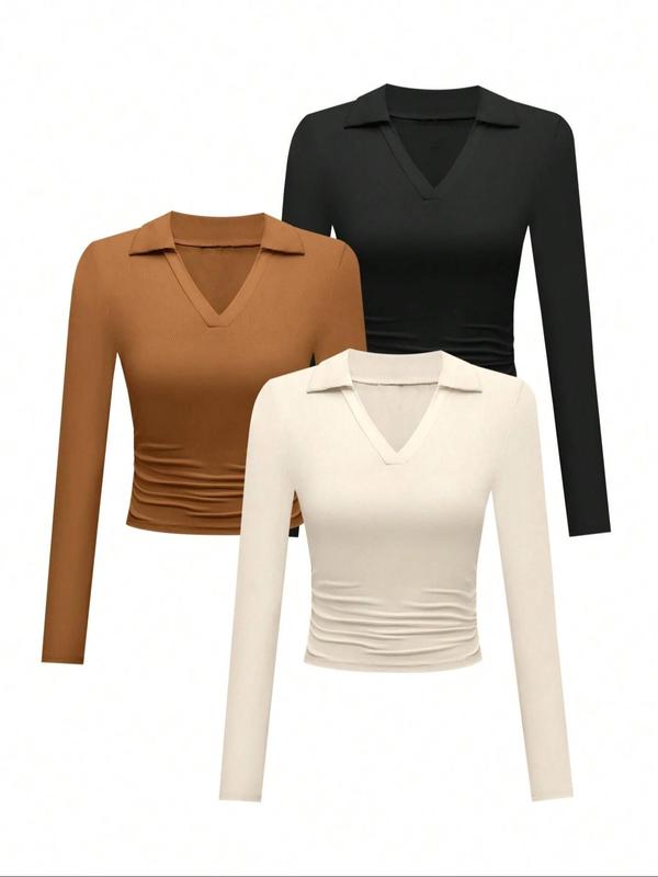 Women's Solid Ruched Polo  Neck Ribbed Tee, Casual Basic Long Sleeve T-shirt for Spring & Fall, Women's Top for Daily Wear