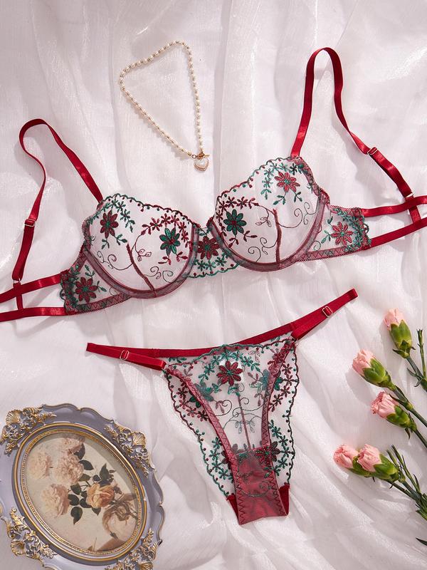 Women's Floral Embroidery Bra & Panty Two-piece Set, Sexy Comfy Breathable Lingerie Set for Daily Wear, Women's Underwear Set for All Seasons