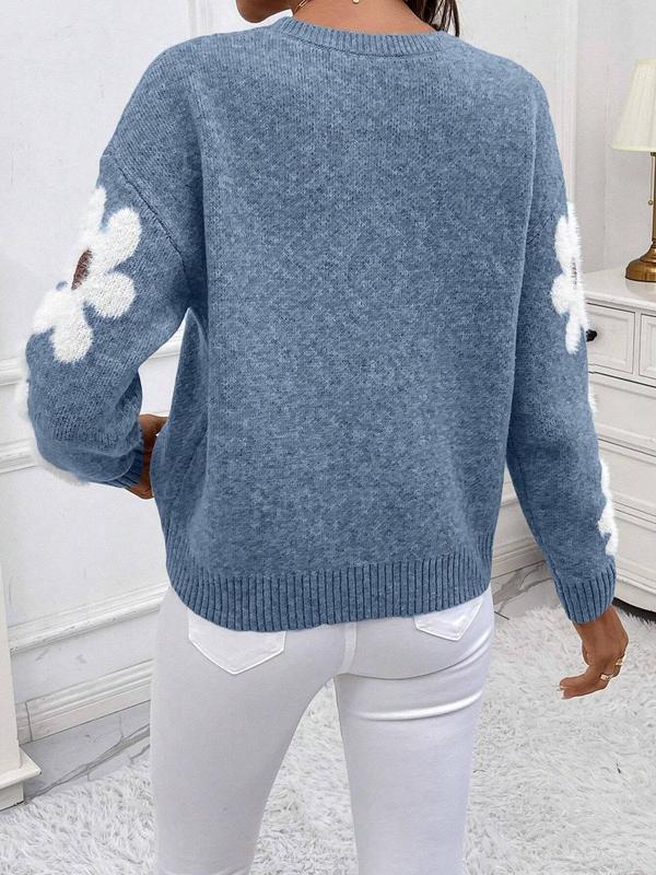 Women's Floral Jacquard Drop Shoulder Sweater, Casual Long Sleeve Round Neck Jumper for Fall & Winter, Fashion Ladies' Knitwear for Daily Wear