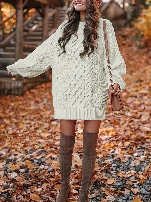 Women's Minimalist Plain Round Neck Raglan Sleeve Sweater Dress, Long sleeves Cable Knit Dress for Fall, Knitwear for Daily Wear, Basic Womenswear, Winter, fall dresses Lady, thanksgiving outfits, christmas dress