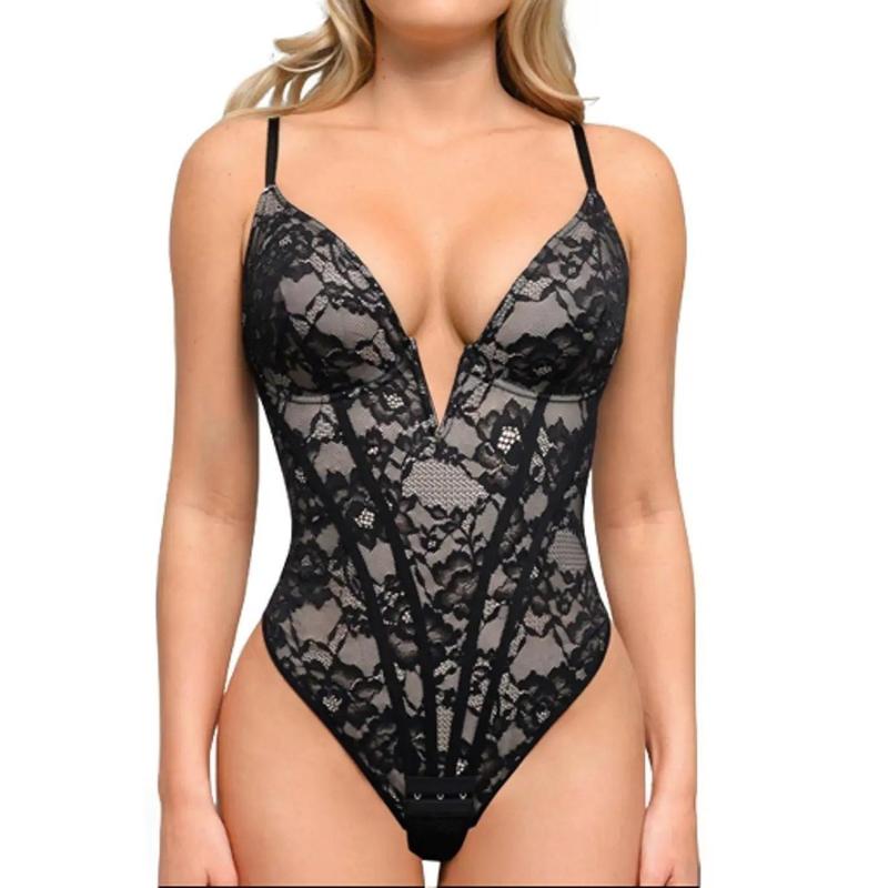 Popilush Lace Corset Style Deep-V Neck Shapewear Bodysuit Sleeveless Basic Celebrity Live