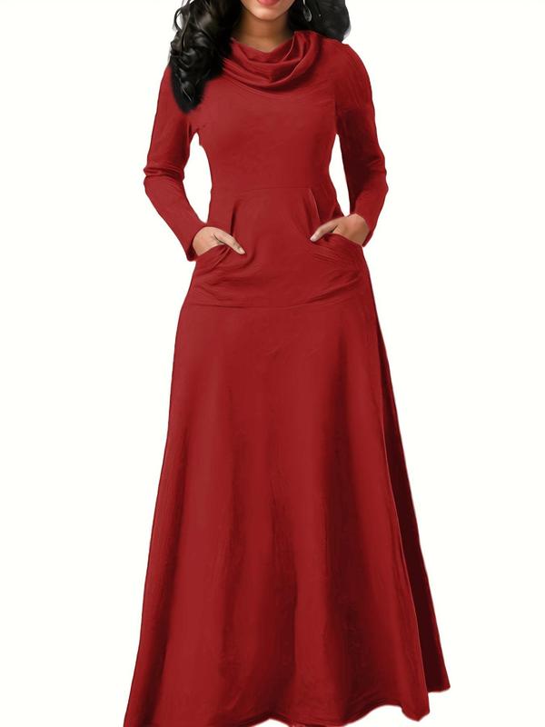 Women's Trendy Solid Draped Pocket A Line Dress, Elegant Long Sleeve Waterfall Dress for Party Holiday Wedding Guest, Ladies Spring & Fall Clothes