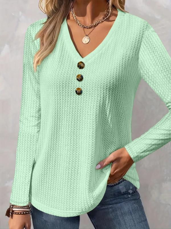  Solid Button Front V Neck Tee, Casual Long Sleeve T-Shirt for Fall & Winter, Women's Plus Clothing for Daily Wear