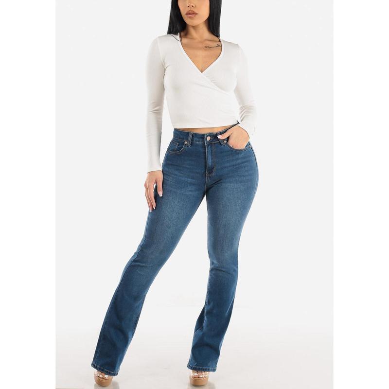 Classic One Button Butt Lifting Bootcut Jeans Med Blue