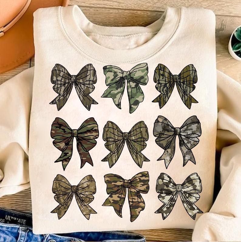 Camo Coquette Bow Sweatshirt, Coquette Camouflage bow Sweatshirt, Mama Clipart, Retro Camo Girl Shirt, Trendy Coquette Sweatshirt