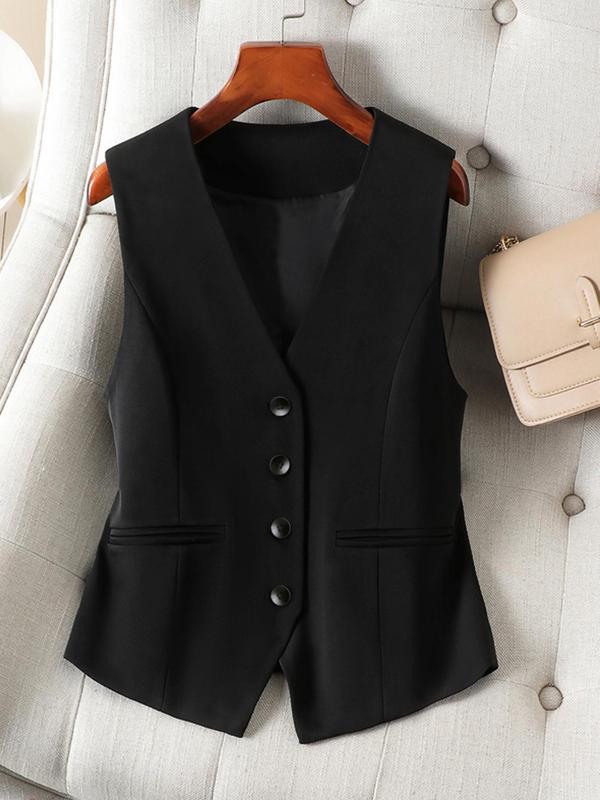 Women's Solid Button Front Vest Blazer, Elegant V Neck Pocket Suit Vest for Work Office Business, Ladies Spring & Fall Clothes, Vest Jacket, Earthtone Fallfreshness