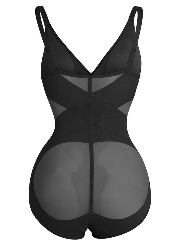 Plus Size Contrast Mesh Sheer Shapewear Bodysuit, Adjustable Strap High Stretch Shaper, Tummy Control Butt Lifter, Women's Shapewear for All Seasons