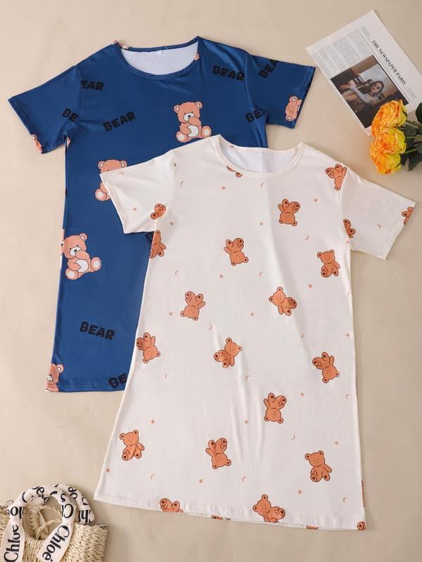 Women's All Over Cartoon Bear Print Nightdress, Casual Comfy Round Neck Short Sleeve Nightgown for Daily Wear, Ladies Sleepwear for All Seasons