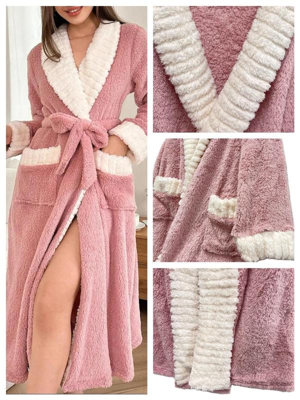 Women's Solid Belted Pocket Fuzzy Bathrobe, Casual Long Sleeve Shawl Collar Warm Robe, Ladies Sleepwear for Fall & Winter