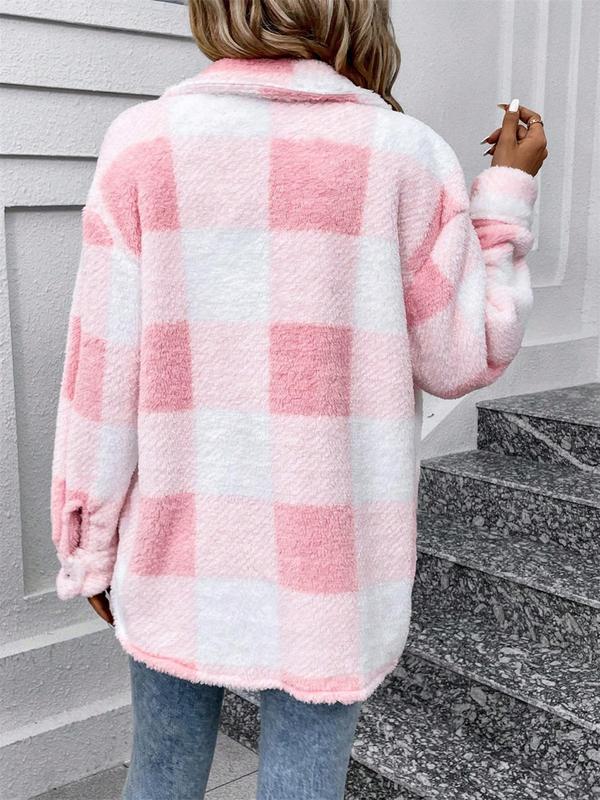  Plaid Print Button Front Fuzzy Jacket, Casual Long Sleeve Collared Outerwear for Fall & Winter, Women's Clothes for Daily Wear