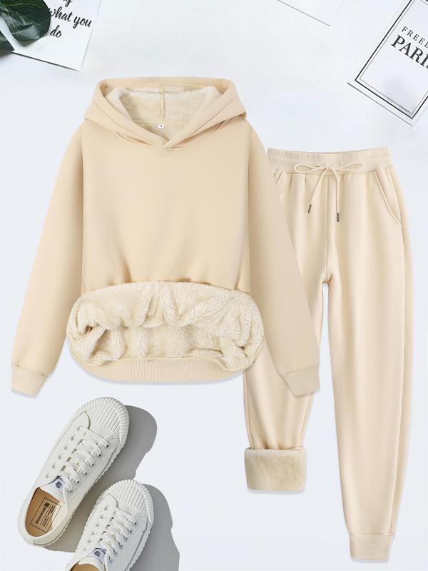 Women's  Thermal Lined   Solid Color Hoodie & Drawstring Waist Pants Two-piece Set, Casual Long Sleeve Hooded Sweatshirt & Pocket Trousers for Fall & Winter, Women's Clothes for Daily Wear