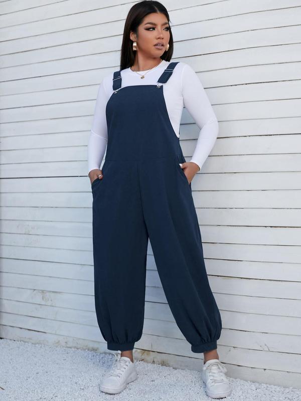 Plus Size Pocket Button Front Corduroy Jumpsuit, Casual Solid Sleeveless Overall Jumpsuit, Summer Jumpsuits for Women, Women's Plus Size Clothes for Daily Wear