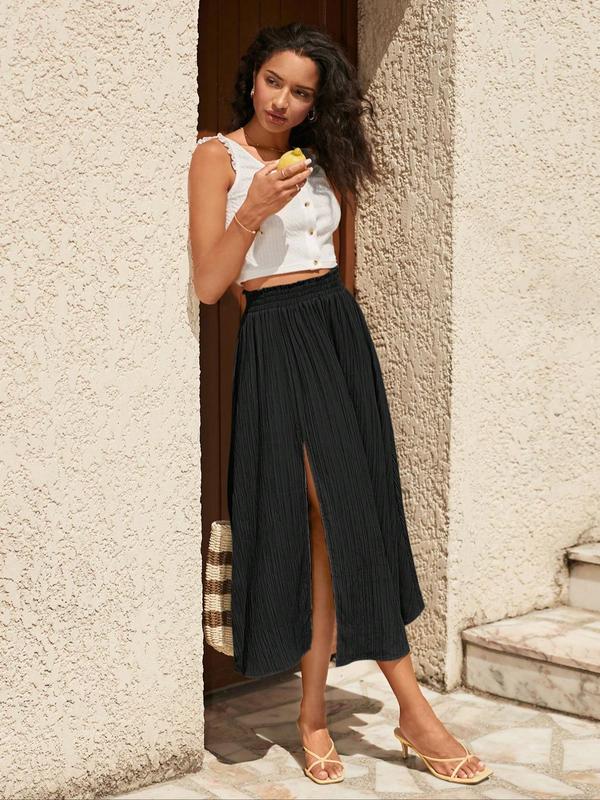 Women's Textured Split Thigh Paper Bag Waist Skirt, Elegant High Waist A Line Midi Skirt for Summer, Ladies Bottoms for Daily Wear