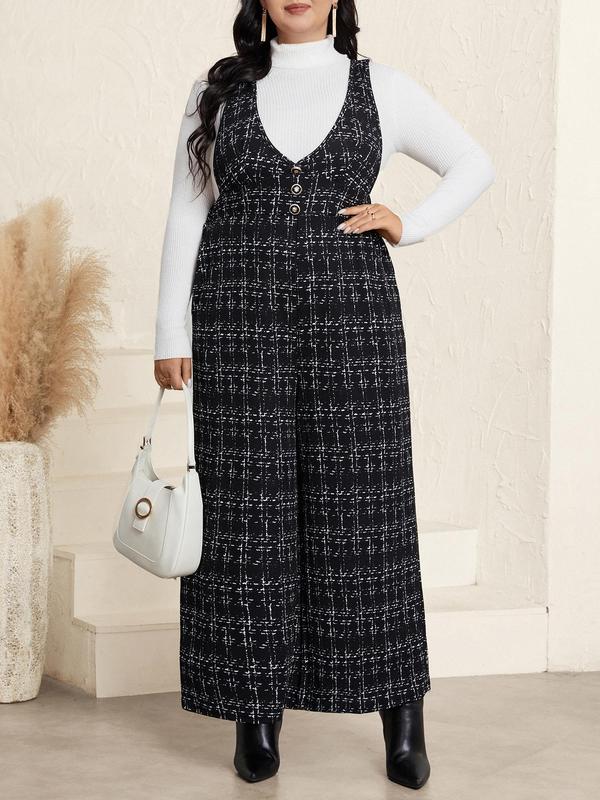 CURVZY Plus Size Plaid Print Pocket Overalls Jumpsuit, Elegant Sleeveless Fake Buttons Decor Overalls Jumpsuit for Fall & Winter, Women's Plus Clothing for Daily Wear,Thanksgiving Outfit, Black Friday Haul,Black Out Wednesday Outfits