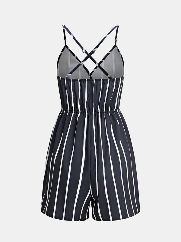 YOZY [size 0 2-14] Striped Print V Neck Wrap Cami Romper, Casual Fashion Adjustable Strap Sleeveless Ruched Romper, 2024 Women's Summer Outfits for Daily Wear, [XS-XXL]