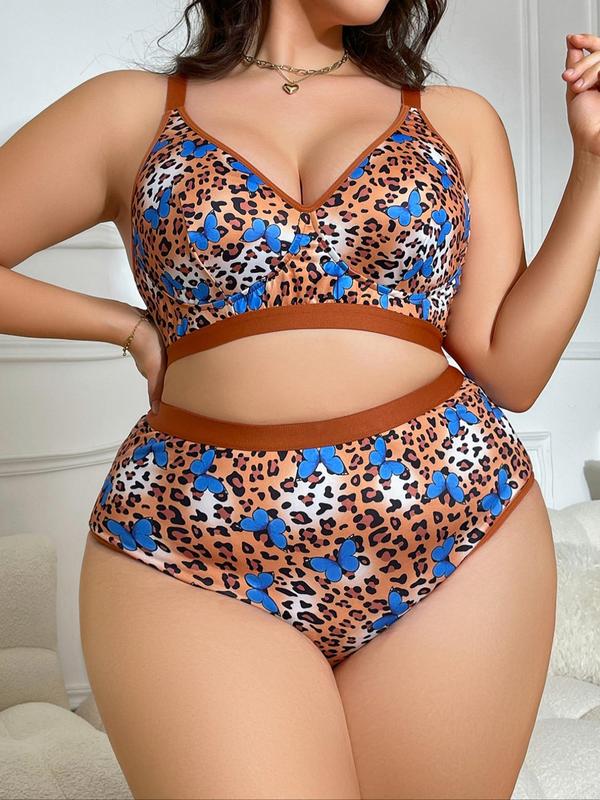  Two-piece Set Leopard Print Contrast Binding Bra & High Waist Panty Set, Casual Adjustable Strap Wireless Bra & Panty Set, Women's Underwear Set for All Seasons