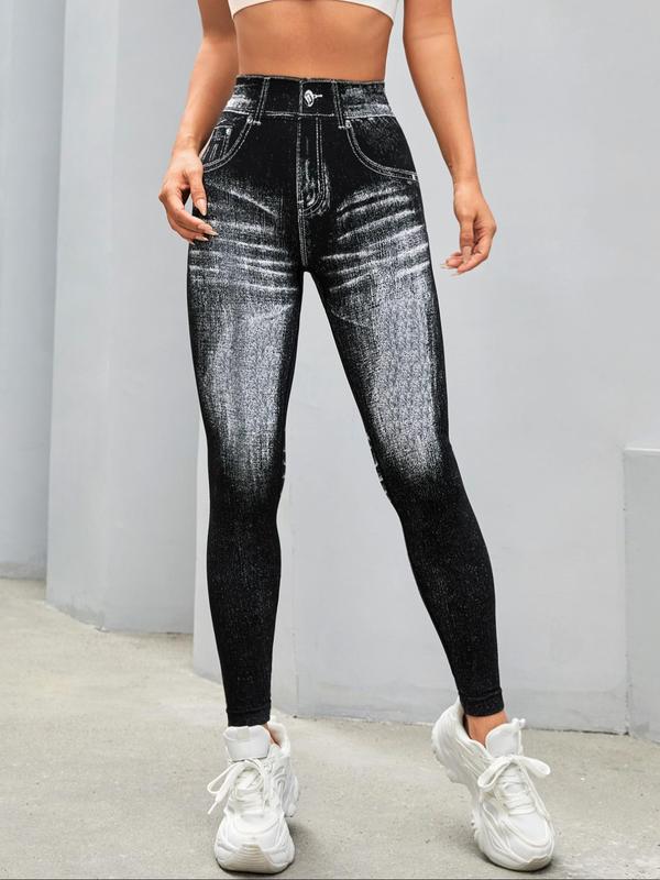 Women's Denim-effect Print High Waist Sports Leggings, Gym Clothing, Fall Outfits, Casual Sporty Comfy Breathable Skinny Pants for Yoga Gym Workout Running, Ladies Sportswear for Fall, Fall Outfits 2024, Fallfreshness, Leggings for Women, Gym Clothes