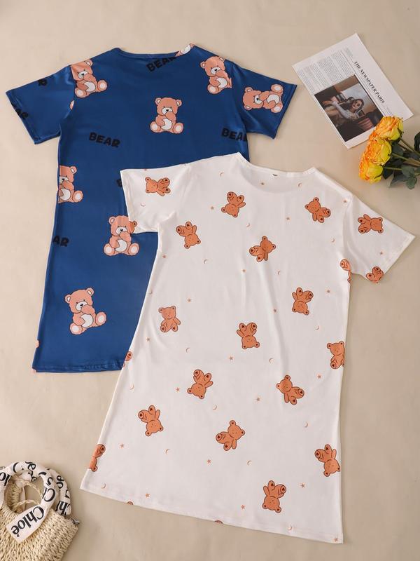 Women's All Over Cartoon Bear Print Nightdress, Casual Comfy Round Neck Short Sleeve Nightgown for Daily Wear, Ladies Sleepwear for All Seasons