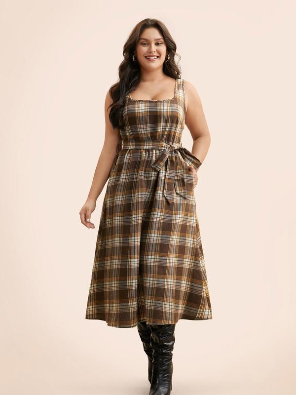 BloomChic Square Neck Plaid Belted Dress