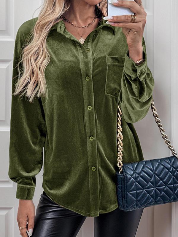 Women's Solid Button Front Drop Shoulder Velvet Shirt, Casual Long Sleeve Collared Top for Fall & Winter, Women's Clothes for Daily Wear