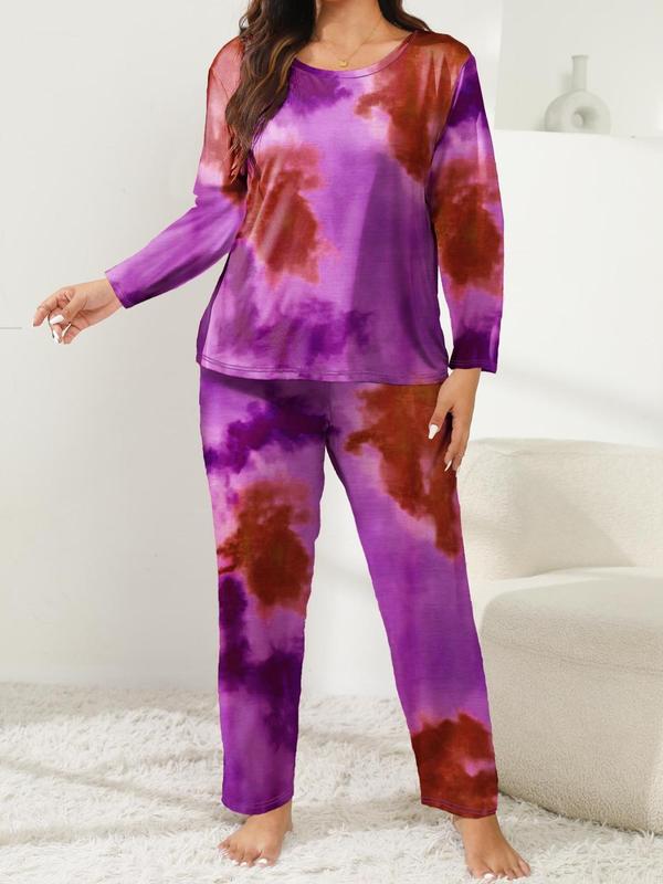  Tie Dye Print Tee & Pants Loungewear Set, Casual Comfy Round Neck Long Sleeve Top & Trousers PJ Set, Women's Sleepwear for Spring & Fall