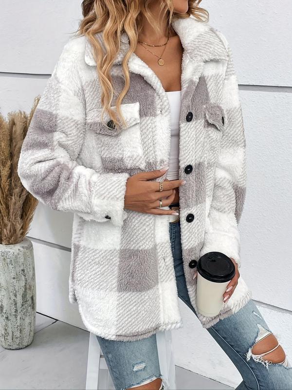  Plaid Print Button Front Fuzzy Jacket, Casual Long Sleeve Collared Outerwear for Fall & Winter, Women's Clothes for Daily Wear