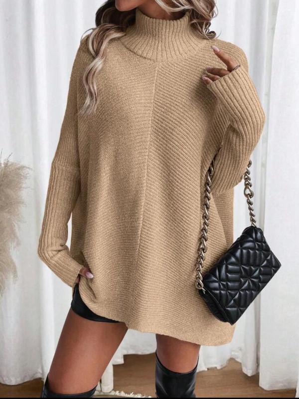 Women's Solid Color High Neck Sweater Dress, Casual Long Sleeve Jumper Short Dress for Fall & Winter, Women's Knitwear for Daily Wear Turtleneck