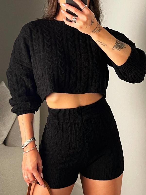 Women's Solid Drop Shoulder Crop Sweater & High Waist Shorts Set, Fall Outfits, Soft Comfort Womenswear for Lady, Casual Fashion Cozy Knitwear for Daily Outdoor Wear, Ladies Fall Clothes