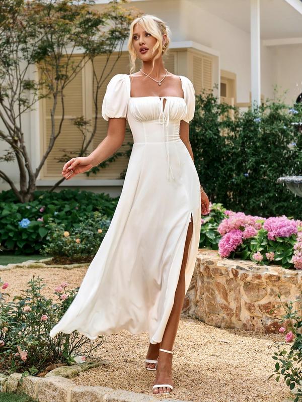 Women's Off The Shoulder Ruched Split Thigh Tie Front A Line Vintage Dress, Elegant Puff Sleeve Multiway Dress for Party Holiday Wedding Guest, Ladies Summer Clothes, Fall Wedding Guest Dress Christmas