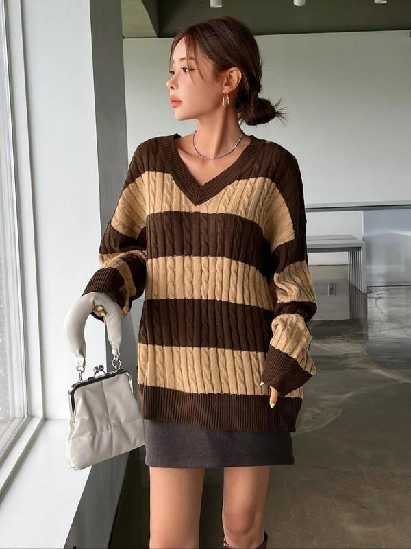 Women's Colorblock Striped Drop Shoulder Cable Knit Sweater, Casual Long Sleeve V Neck Jumper for Fall & Winter, Fashion Ladies' Knitwear for Daily Wear