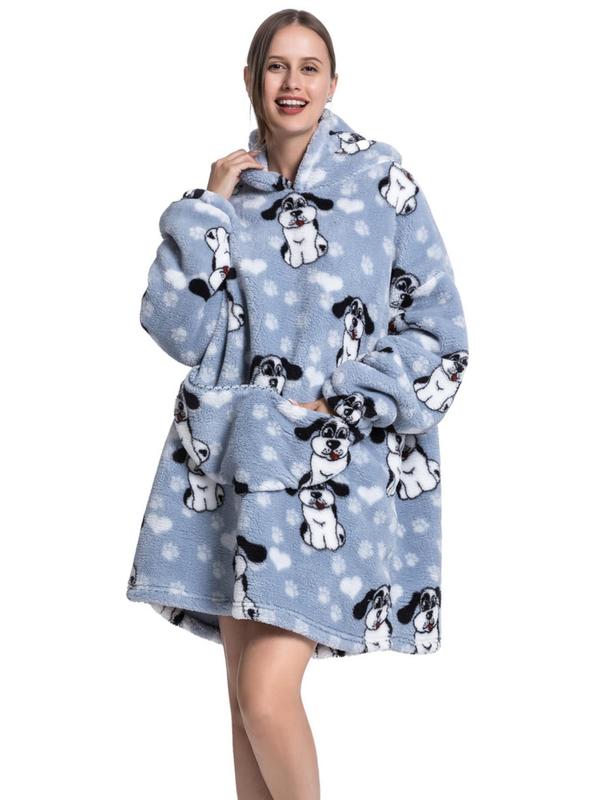 Women's Print Drop Shoulder Hooded Flannel Robe, Casual Long Sleeve Pocket Design Halloween Hooded Robe, Ladies Fall & Winter Sleepwear