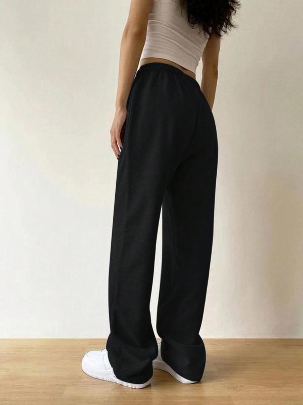 Women's Solid Elastic Waist Thermal Lined Straight Leg Pants, Casual Pocket Design Trousers for Fall & Winter, Women's Bottoms for Daily Wear